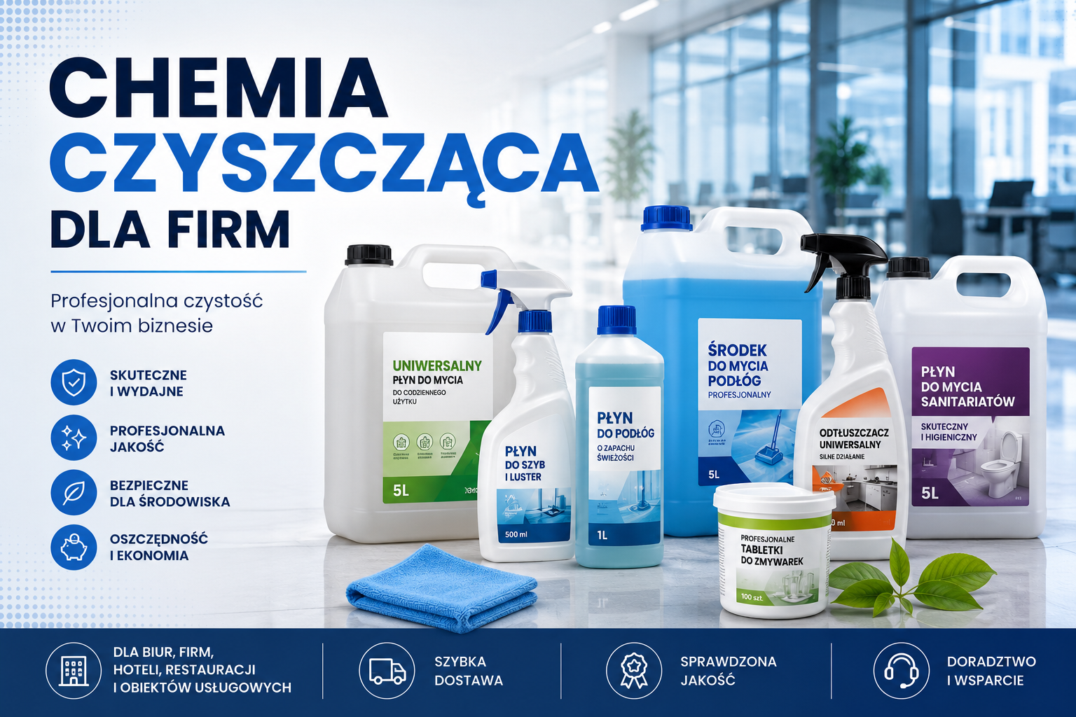 Profesjonalna chemia czyszcząca dla firm — kanistry z koncentratami i system dozujący w magazynie hurtowni