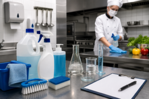 Profesjonalna chemia dla gastronomii zgodna z HACCP na blacie roboczym w kuchni restauracyjnej