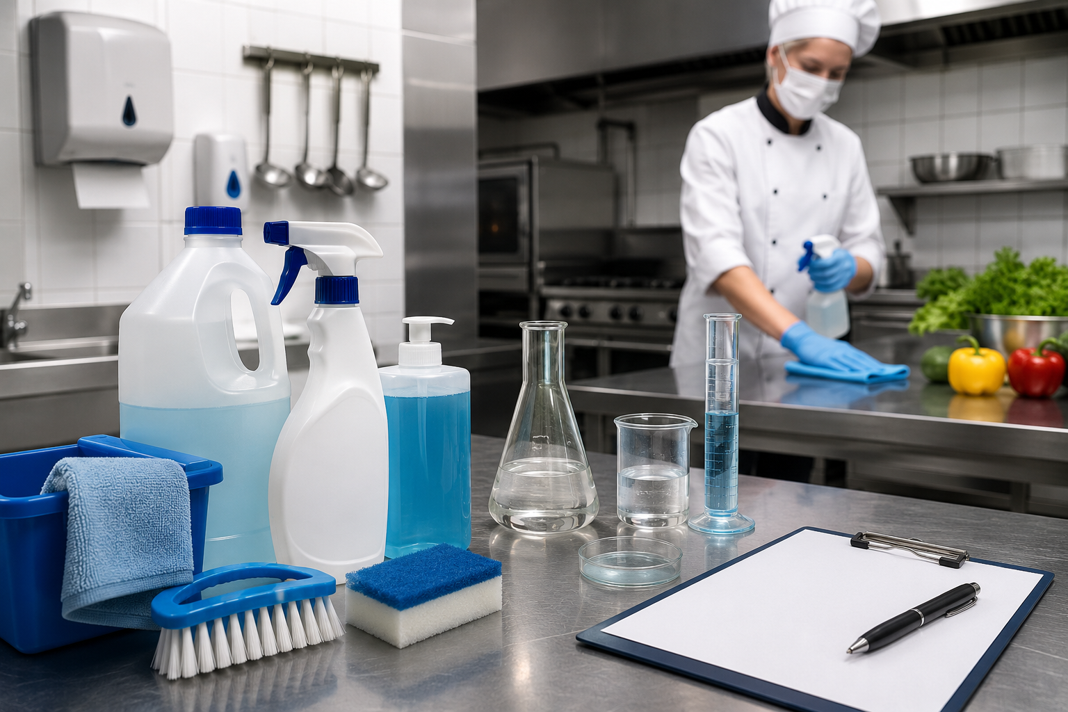 Profesjonalna chemia dla gastronomii zgodna z HACCP na blacie roboczym w kuchni restauracyjnej