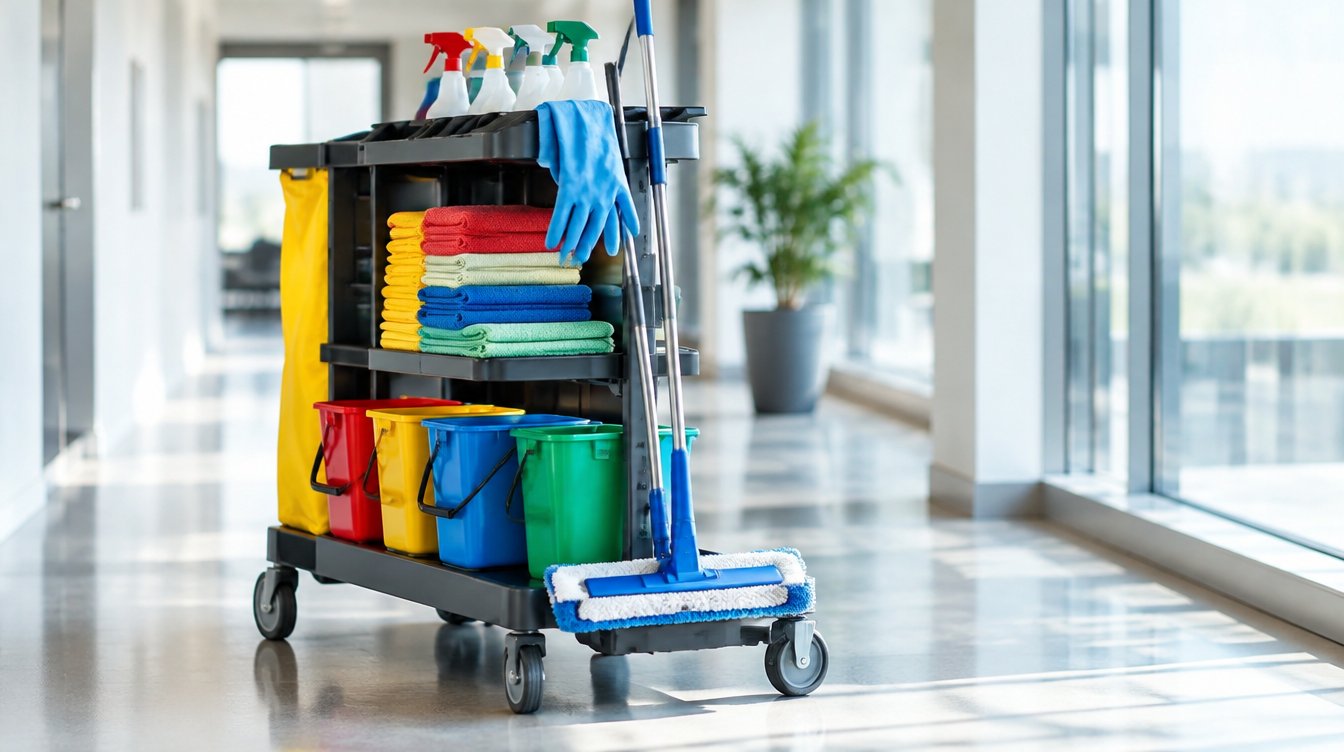 Wózek serwisowy z kolorowymi ściereczkami, wiadrami i mopem – system kodowania kolorami w sprzątaniu