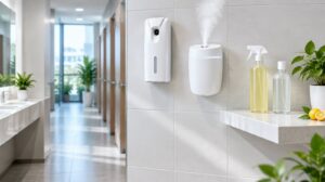Automatyczny dozownik odświeżacza powietrza i dyfuzor zapachowy na ścianie toalety firmowej oraz spray i neutralizator zapachów na półce